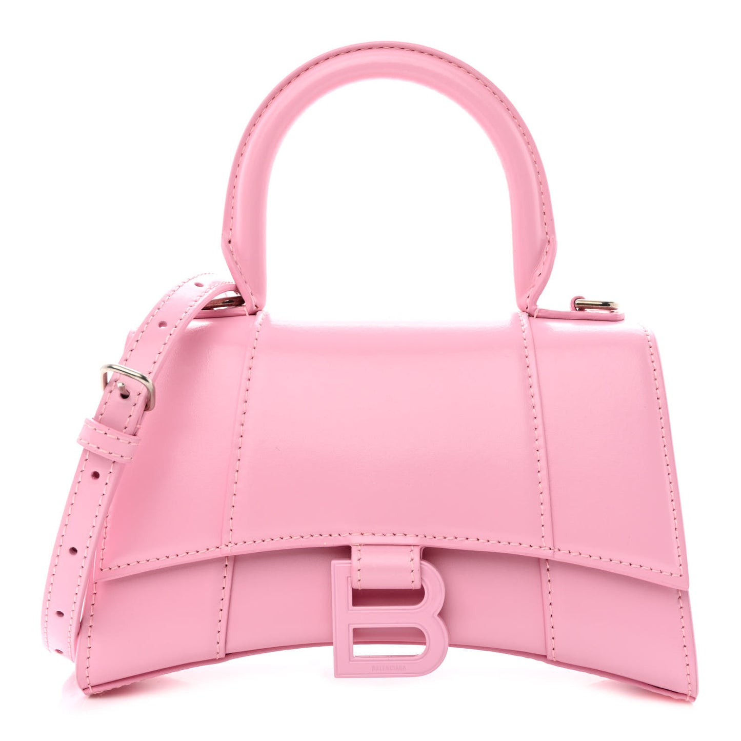 Shiny Box Calfskin Tonal B Hourglass Top Handle Bag XS Candy Pink