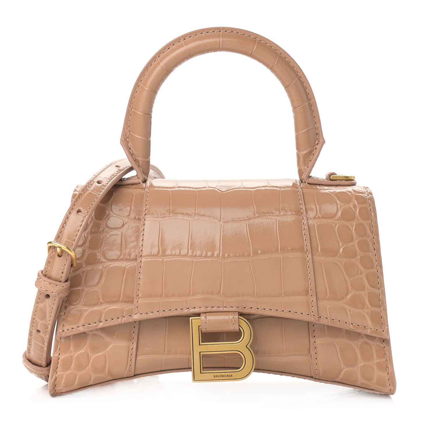Shiny Calfskin Crocodile Embossed Hourglass Top Handle Bag XS Nude Beige