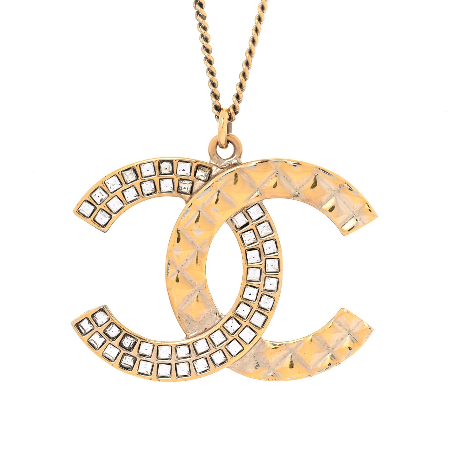 Baguette Crystal Quilted CC Pendant Necklace Gold