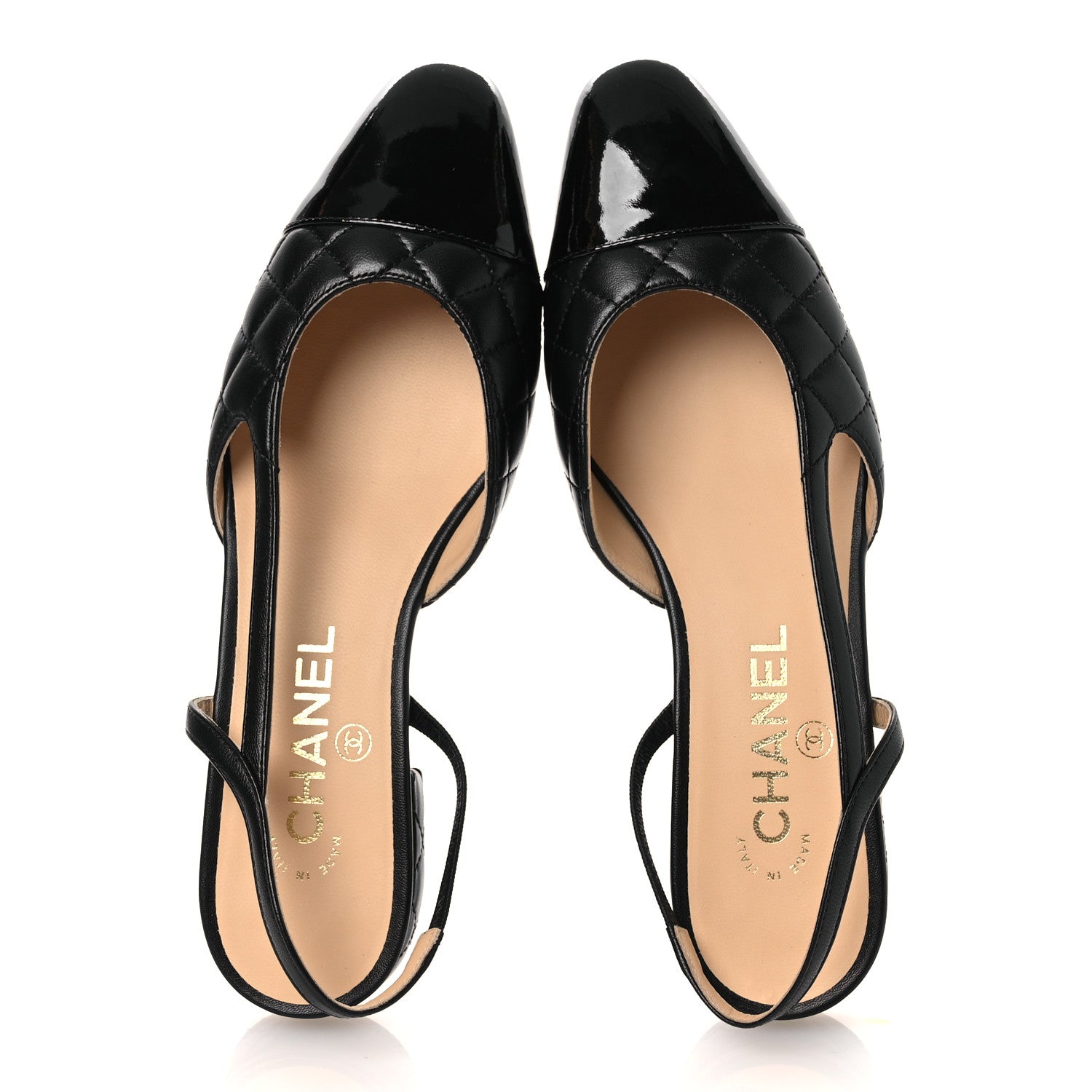 Chanel Lambskin Patent Cap Toe CC Slingback Flats 37.5 Black 2 of 11