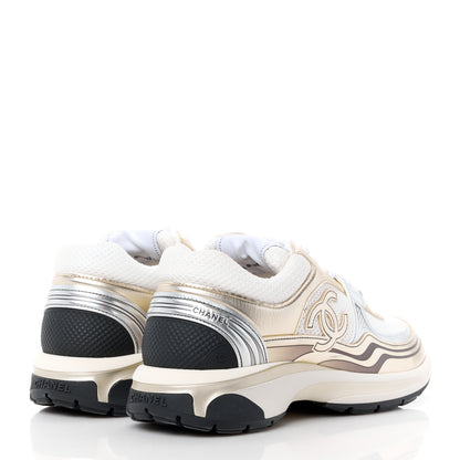 Chanel Fabric Laminated Calfskin Stretch CC Sneakers 41 White Gold Silver 4 of 9