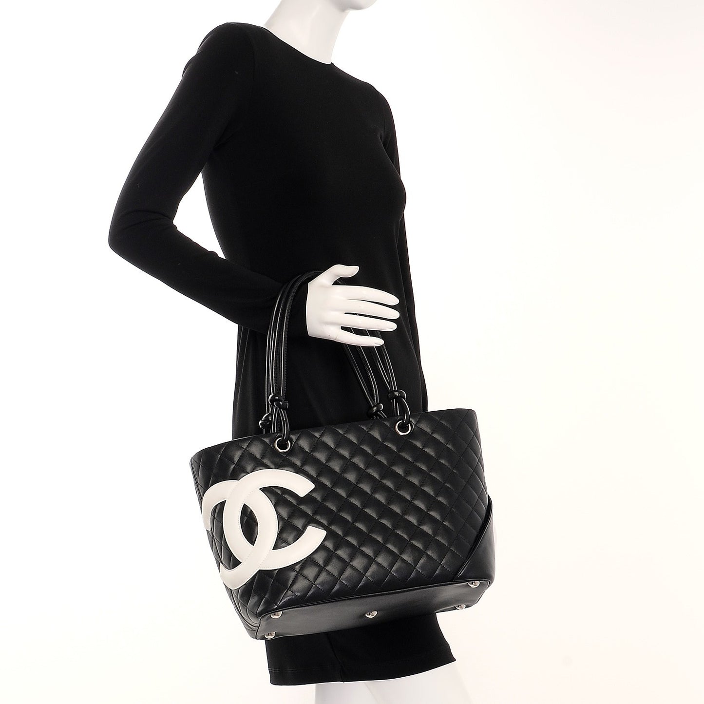 Calfskin Quilted Large Cambon Tote Black White