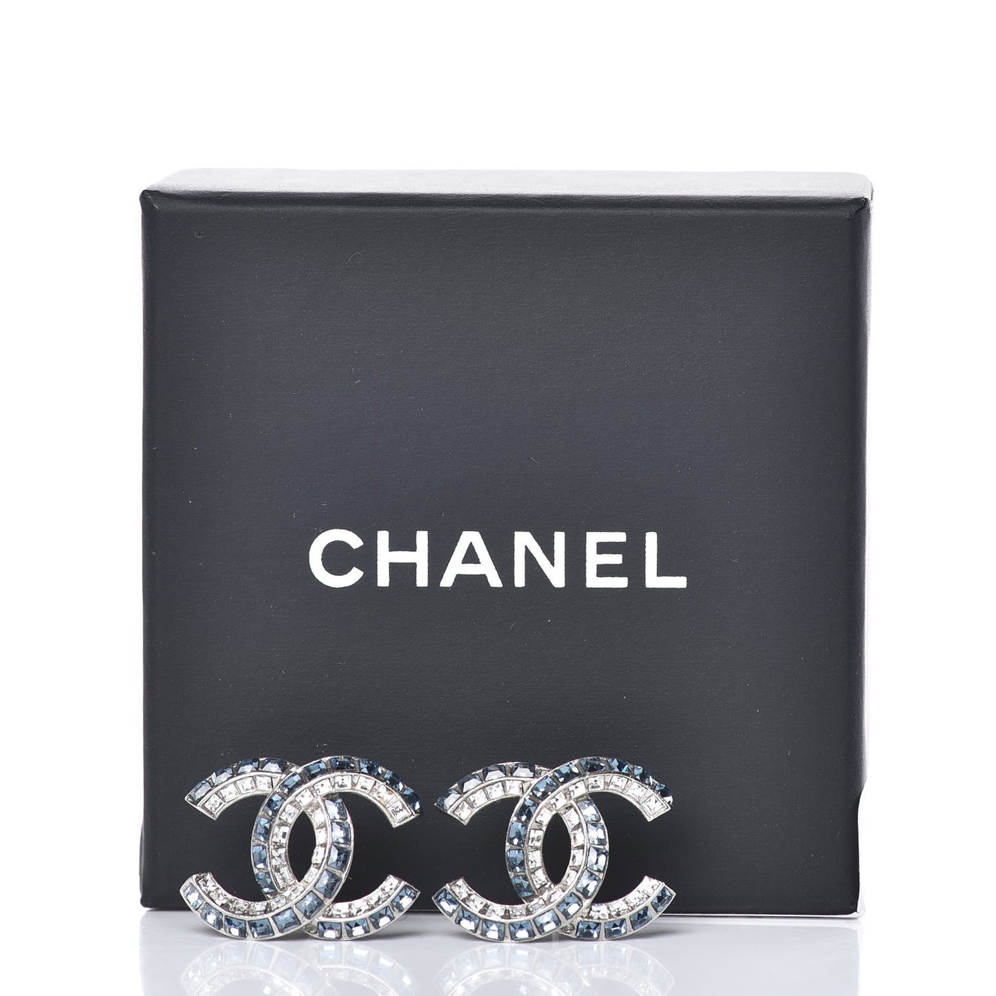 Metal Baguette Crystal CC Earrings Silver Blue