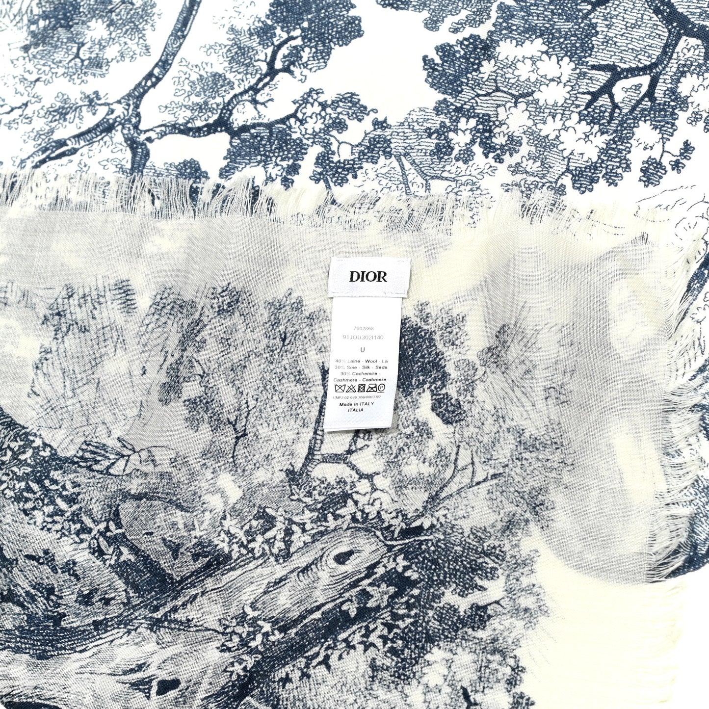 Wool Cashmere Silk Toile De Jouy Stole Blue