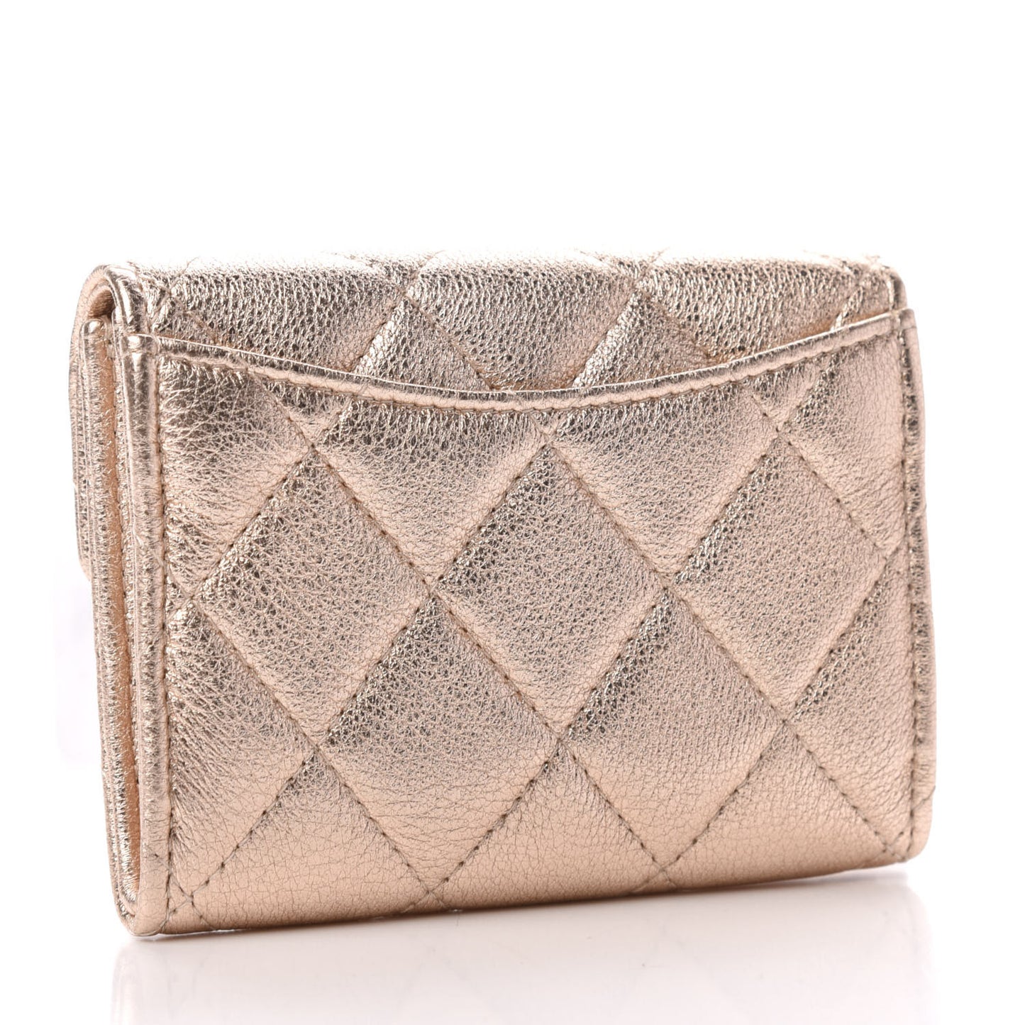 Metallic Lambskin Quilted Flap Card Holder Wallet Gold