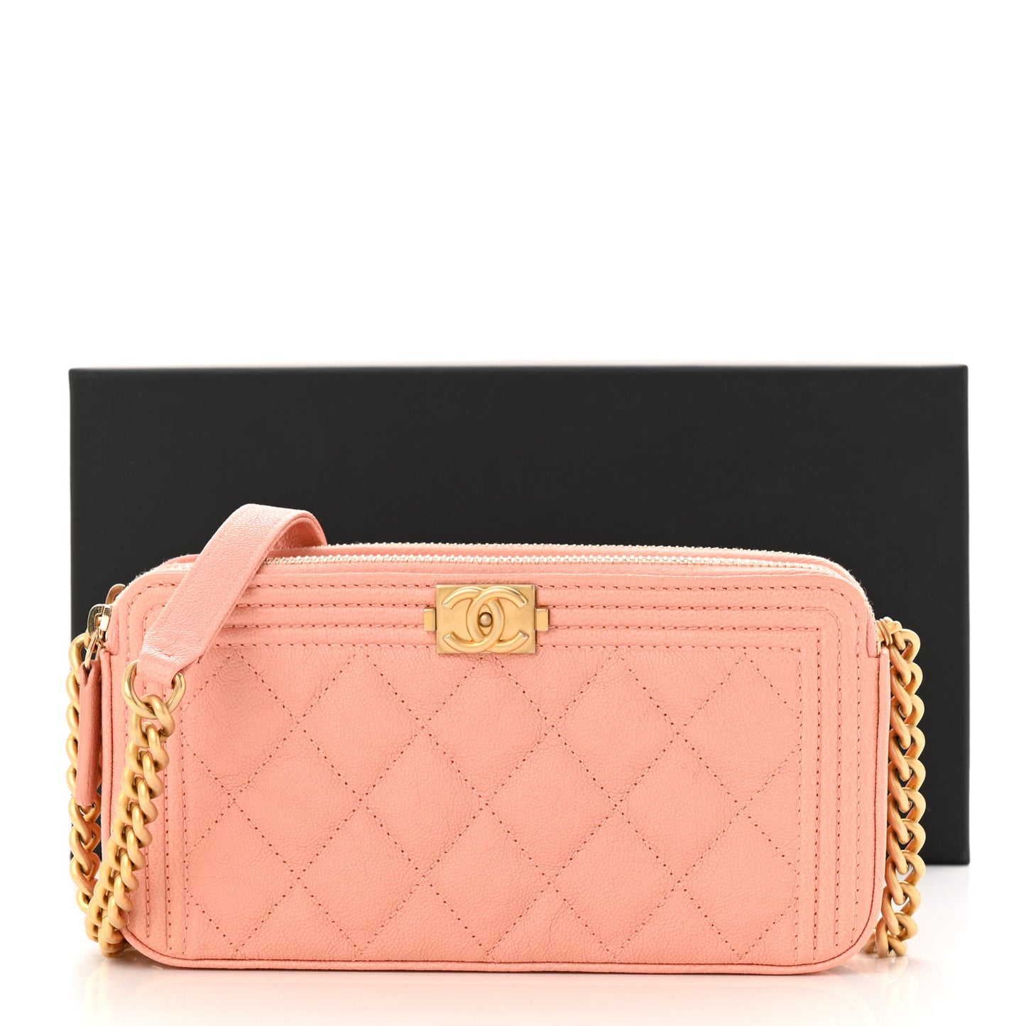 Caviar Quilted Small Boy Clutch With Chain Light Pink