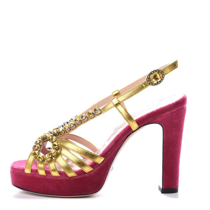 Gucci Velvet Nappa Crystal Zephyra Slingback Platform High Heel Sandals 36.5 Pink Gold 1 of 9