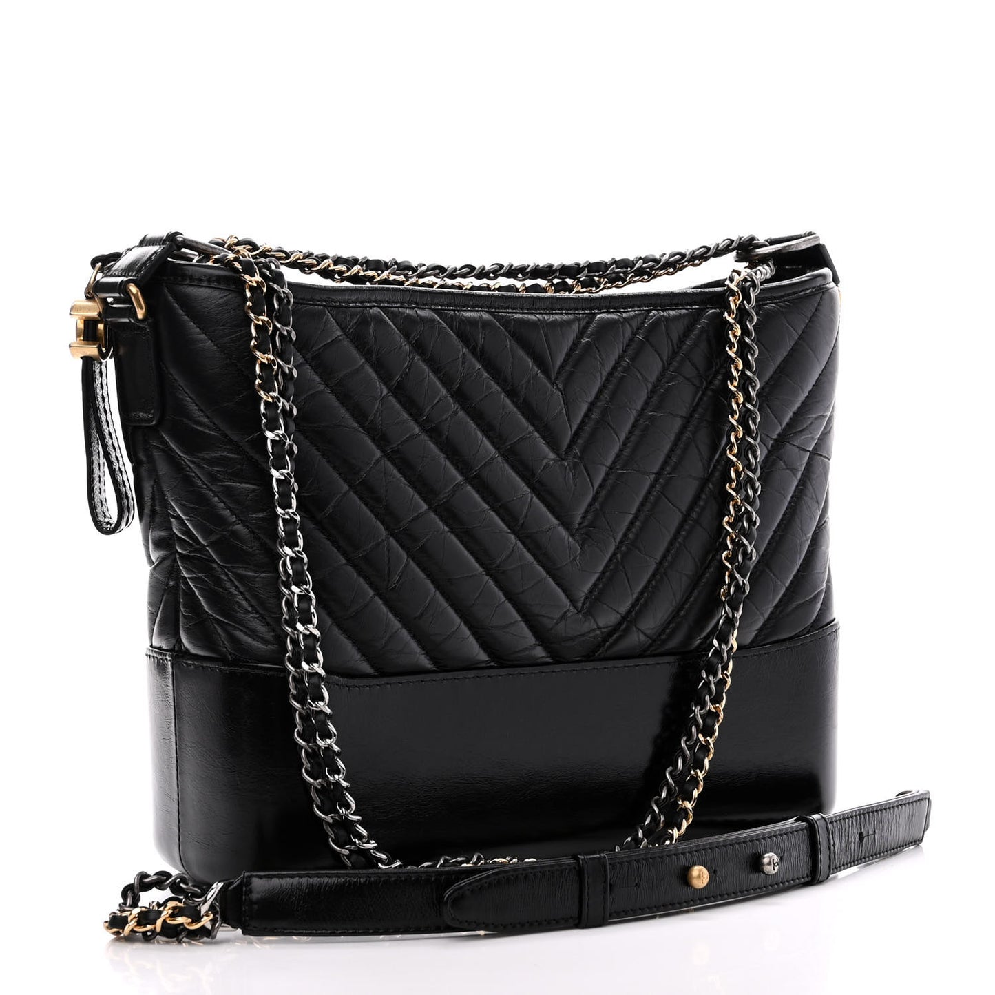 Aged Calfskin Chevron Quilted Medium Gabrielle Hobo Black