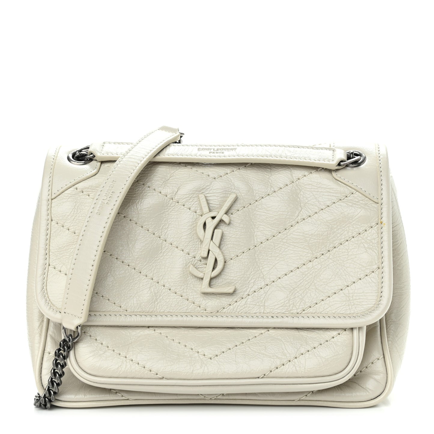 Crinkled Calfskin Matelasse Monogram Baby Niki Chain Satchel Ivory