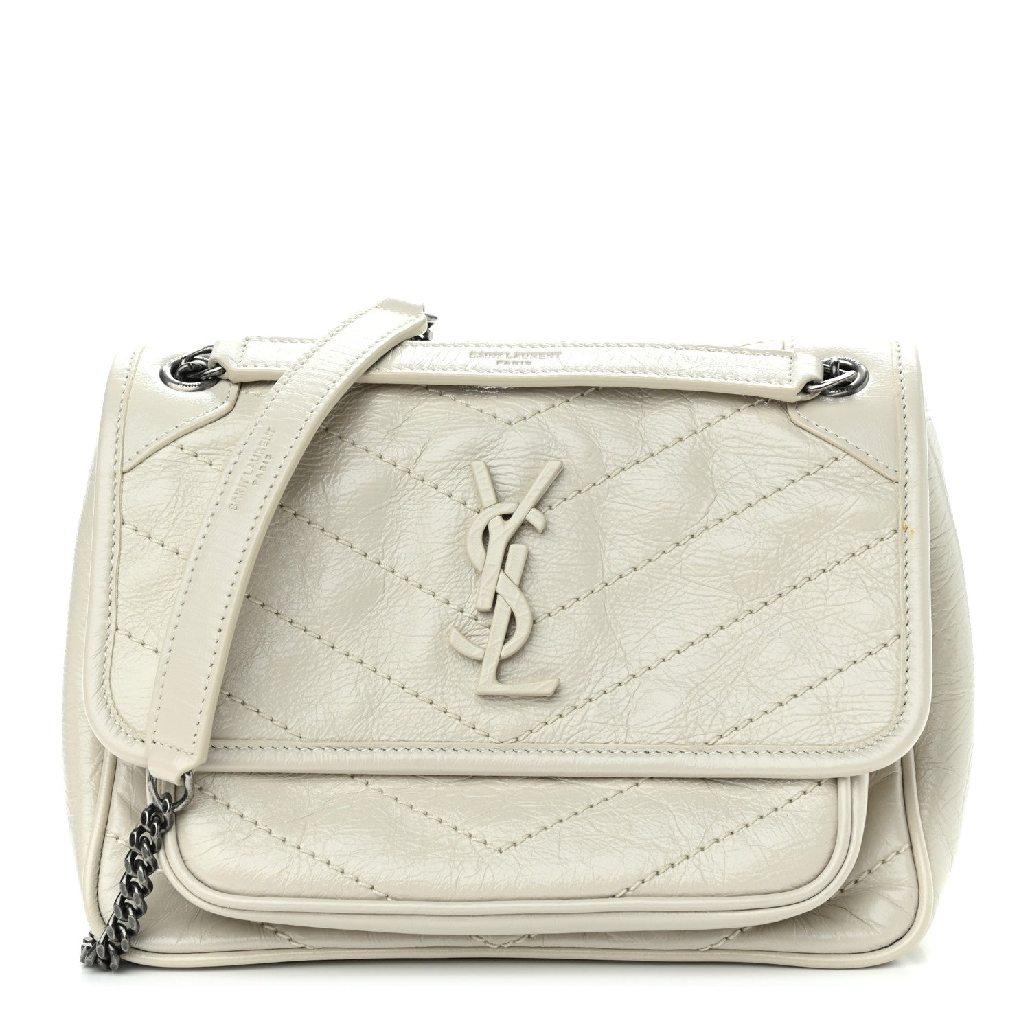 Saint Laurent Crinkled Calfskin Matelasse Monogram Baby Niki Chain Satchel Ivory 1 of 11