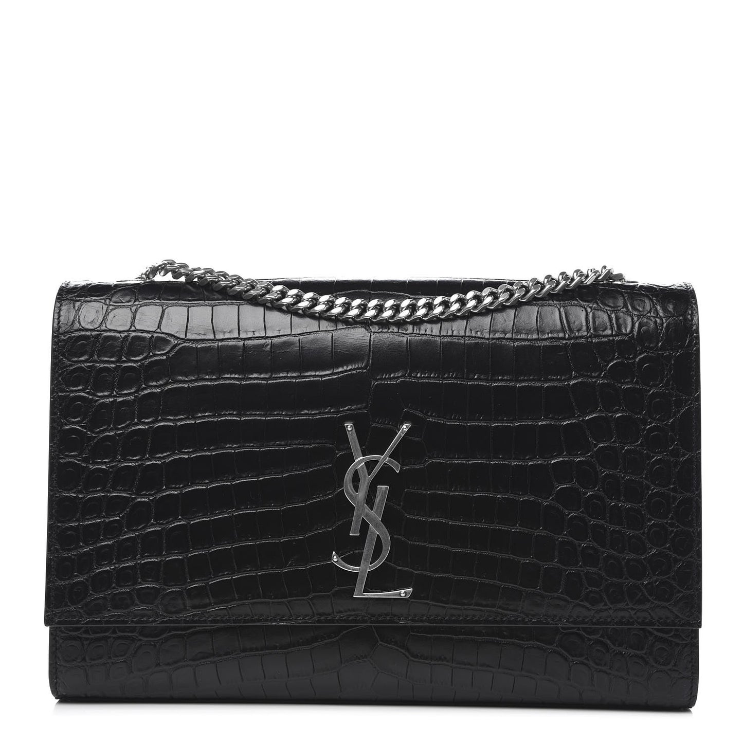 Calfskin Crocodile Embossed Large Classic Monogram Kate Satchel Black
