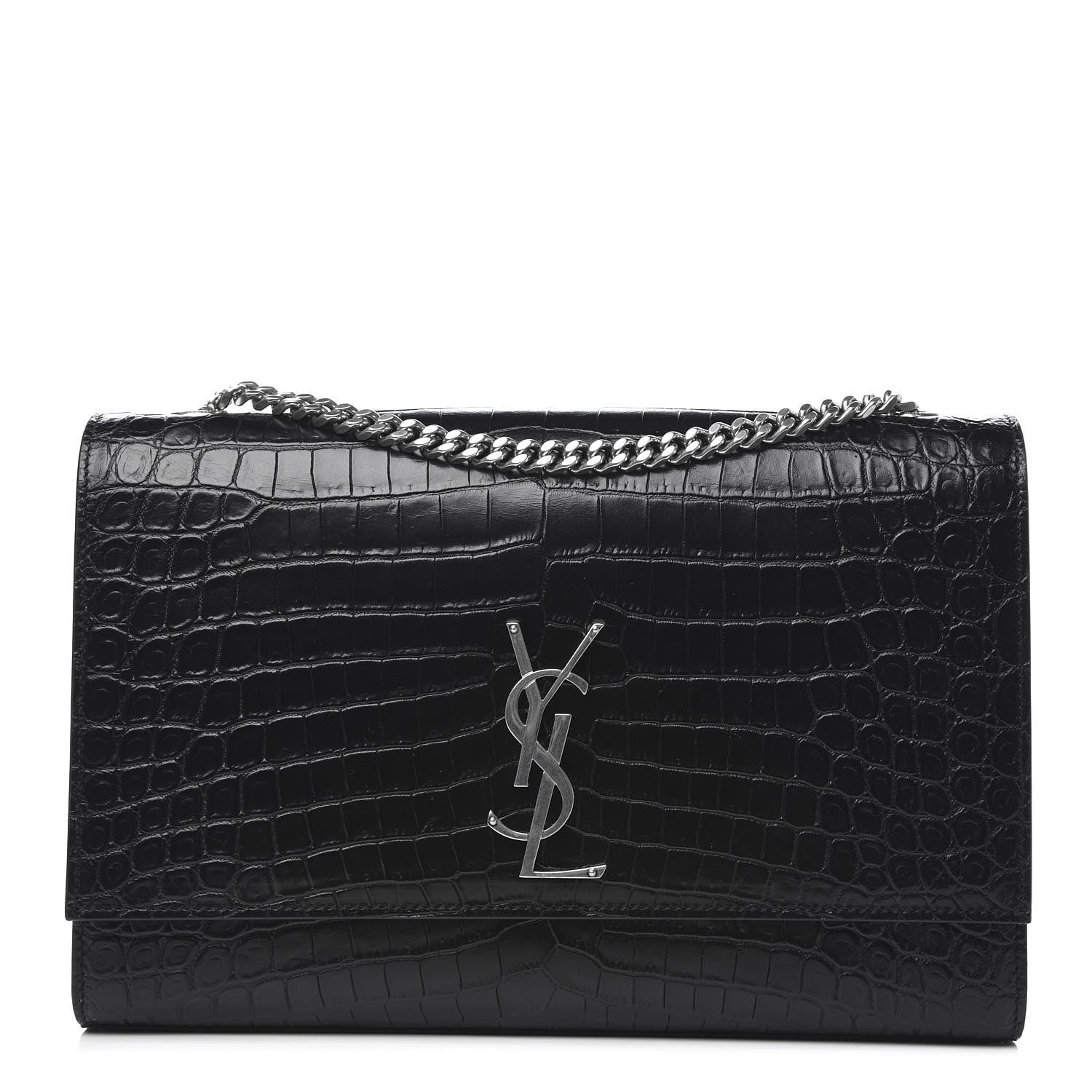 Saint Laurent Calfskin Crocodile Embossed Large Classic Monogram Kate Satchel Black 1 of 7