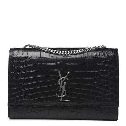 Saint Laurent Calfskin Crocodile Embossed Large Classic Monogram Kate Satchel Black 1 of 7