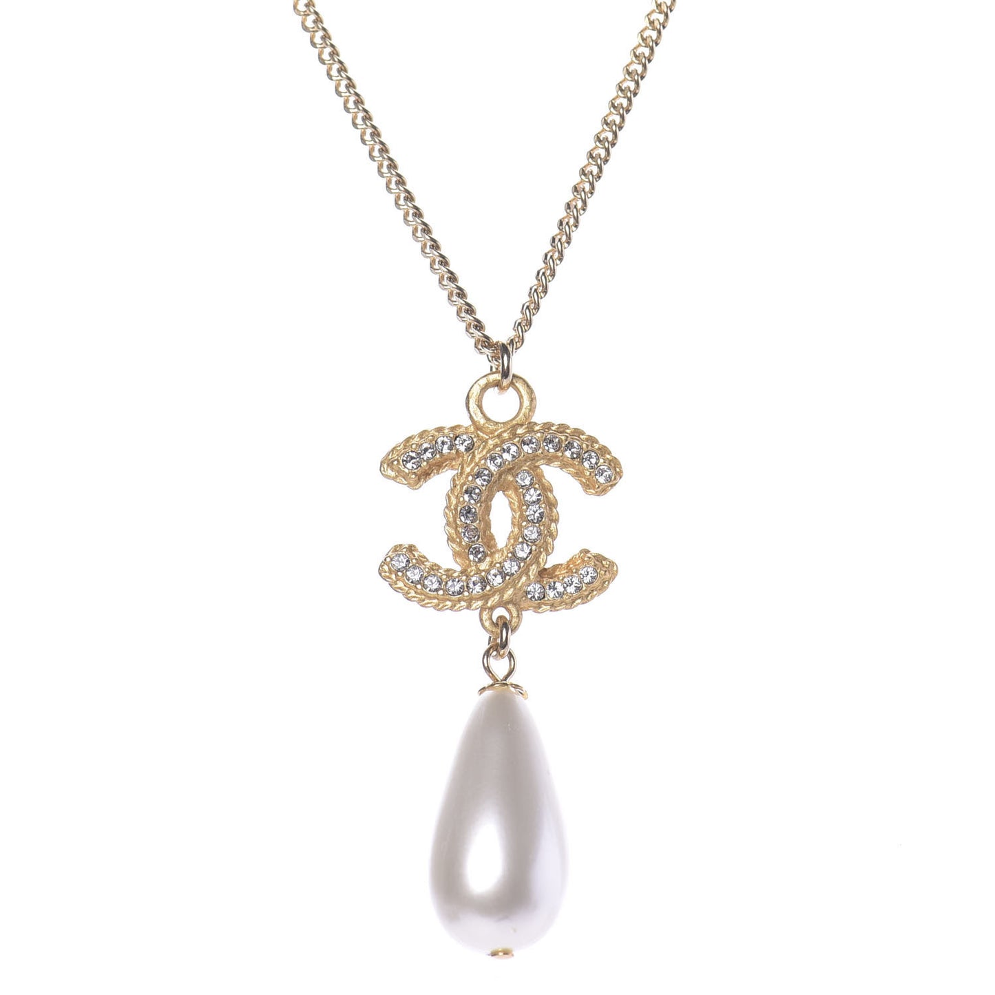 Pearl Crystal CC Drop Necklace Gold