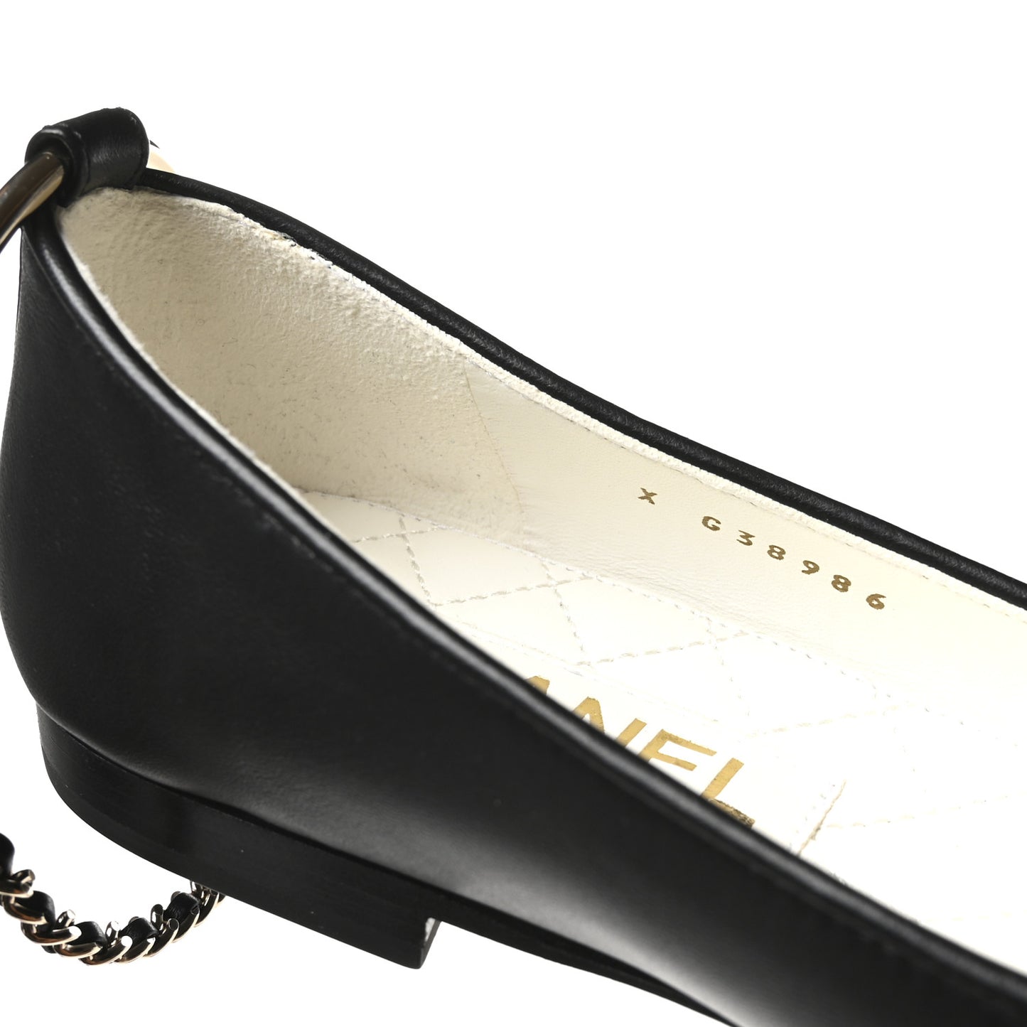 Lambskin Patent Calfskin Cap Toe Ankle Chain Ballerina Flats 36.5 Black