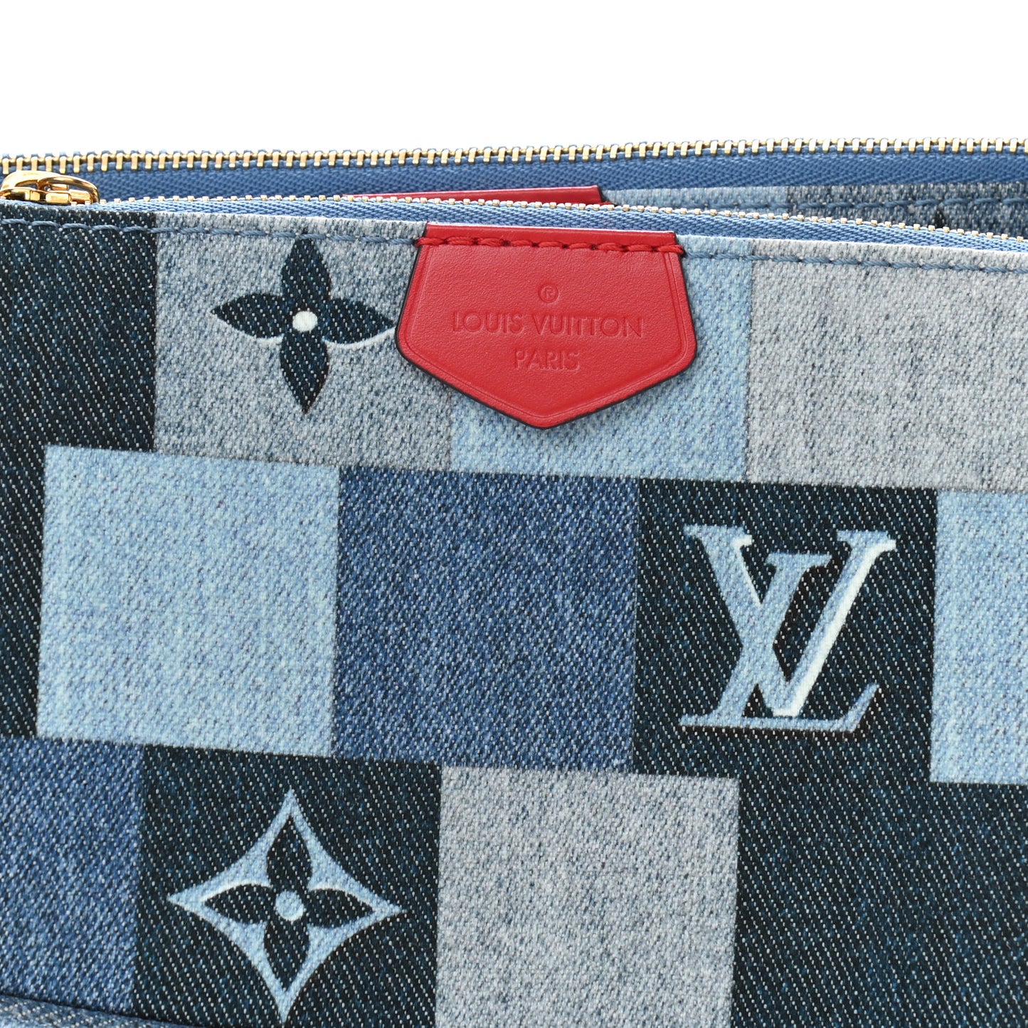 Denim Damier Monogram Patchwork Multi Pochette Accessories Blue Rouge