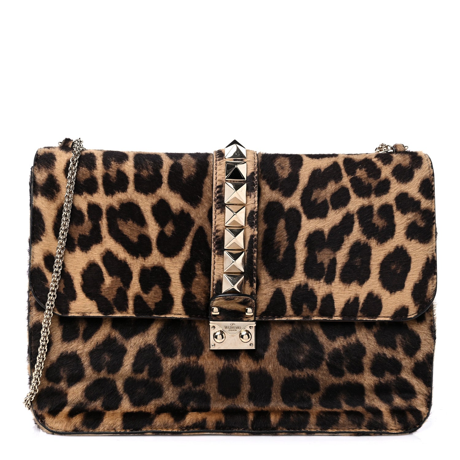 Valentino Garavani Calf Hair Leopard Print Large Glam Lock Rockstud Flap 1 of 13