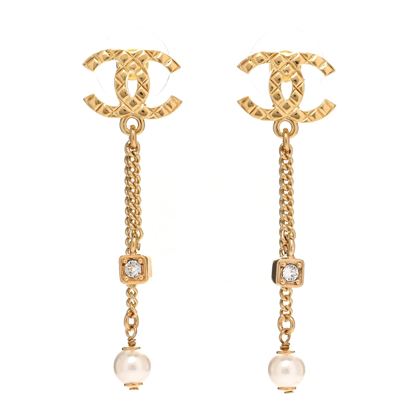 Crystal Pearl Quilted CC Chain Drop Earrings Gold