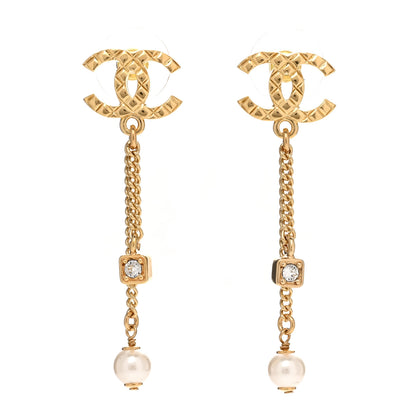 Chanel Crystal Pearl Quilted CC Chain Drop Earrings Gold 1 of 5