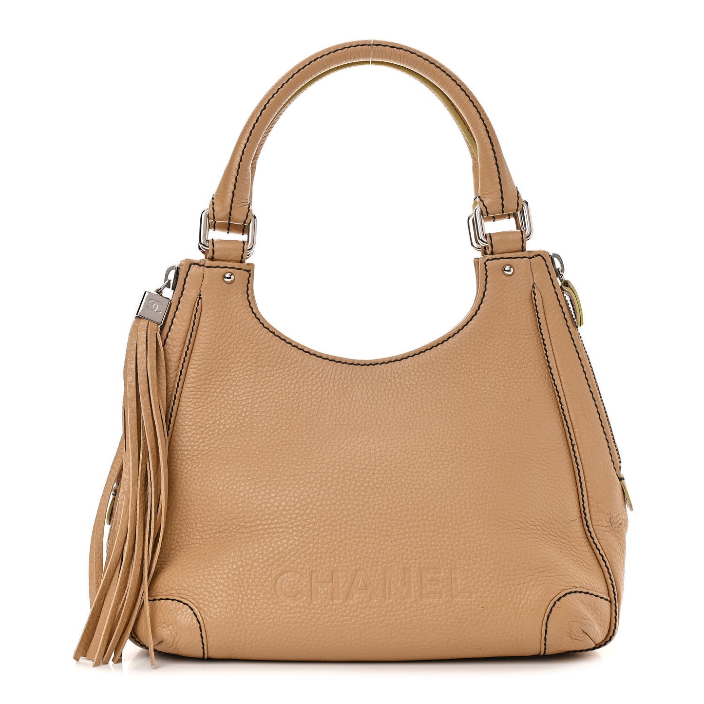 Grained Calfskin Tassel Hobo Beige