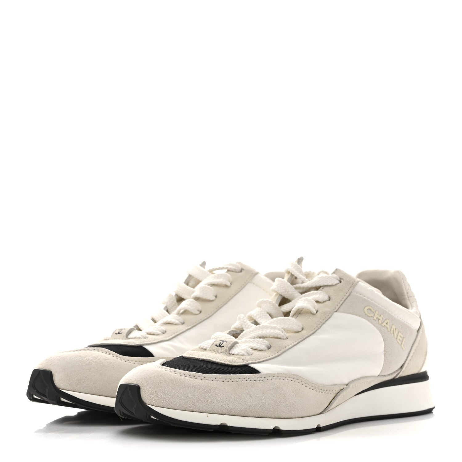 Chanel Nylon Suede Kidskin Calfskin Logo Sneakers 37.5 White Black 4 of 10