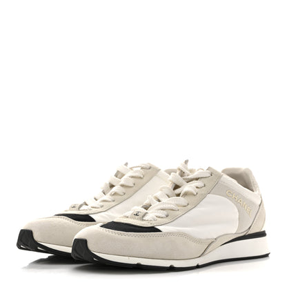Chanel Nylon Suede Kidskin Calfskin Logo Sneakers 37.5 White Black 4 of 10