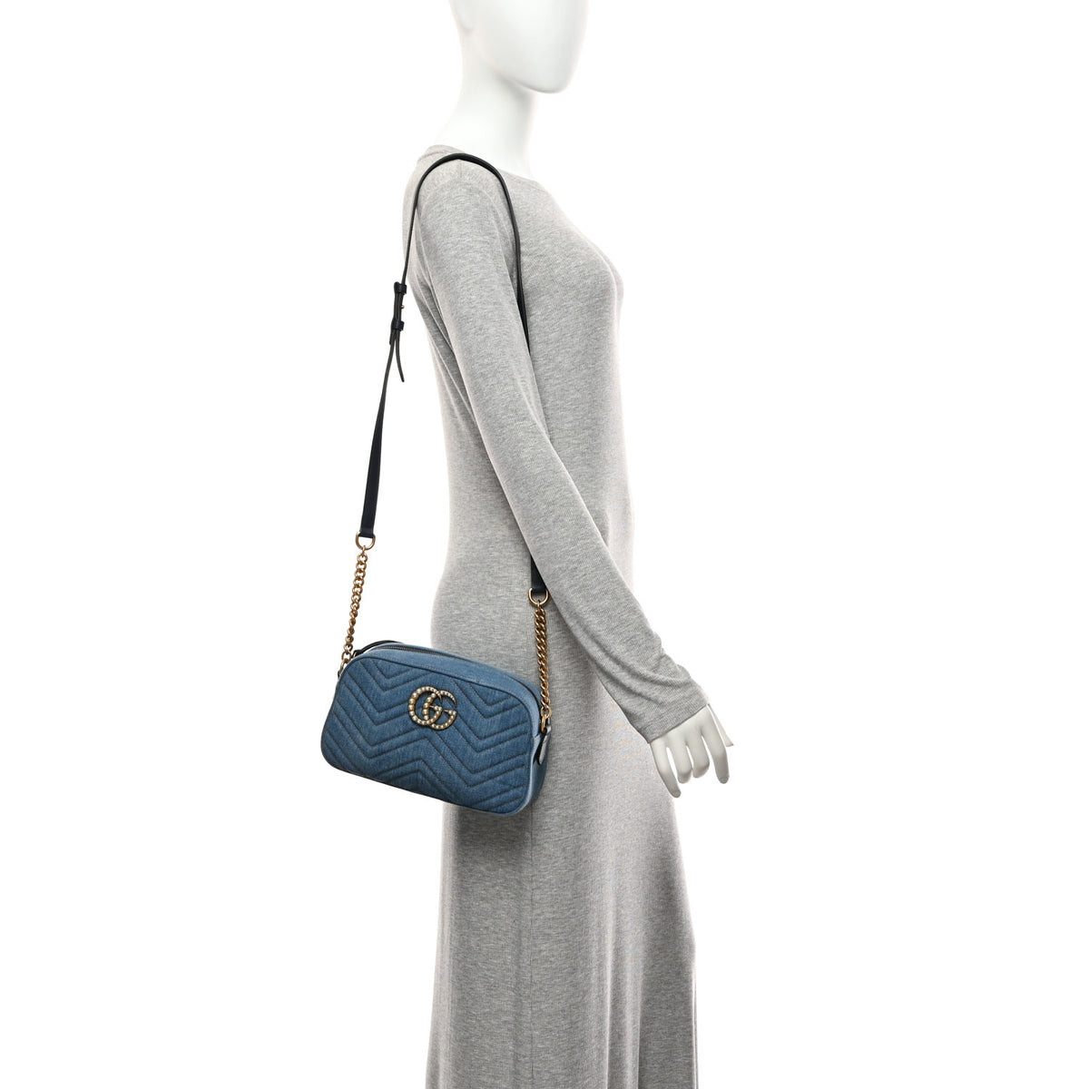 Gucci Denim Matelasse Small Pearly GG Marmont Chain Shoulder Bag Blue 2 of 11