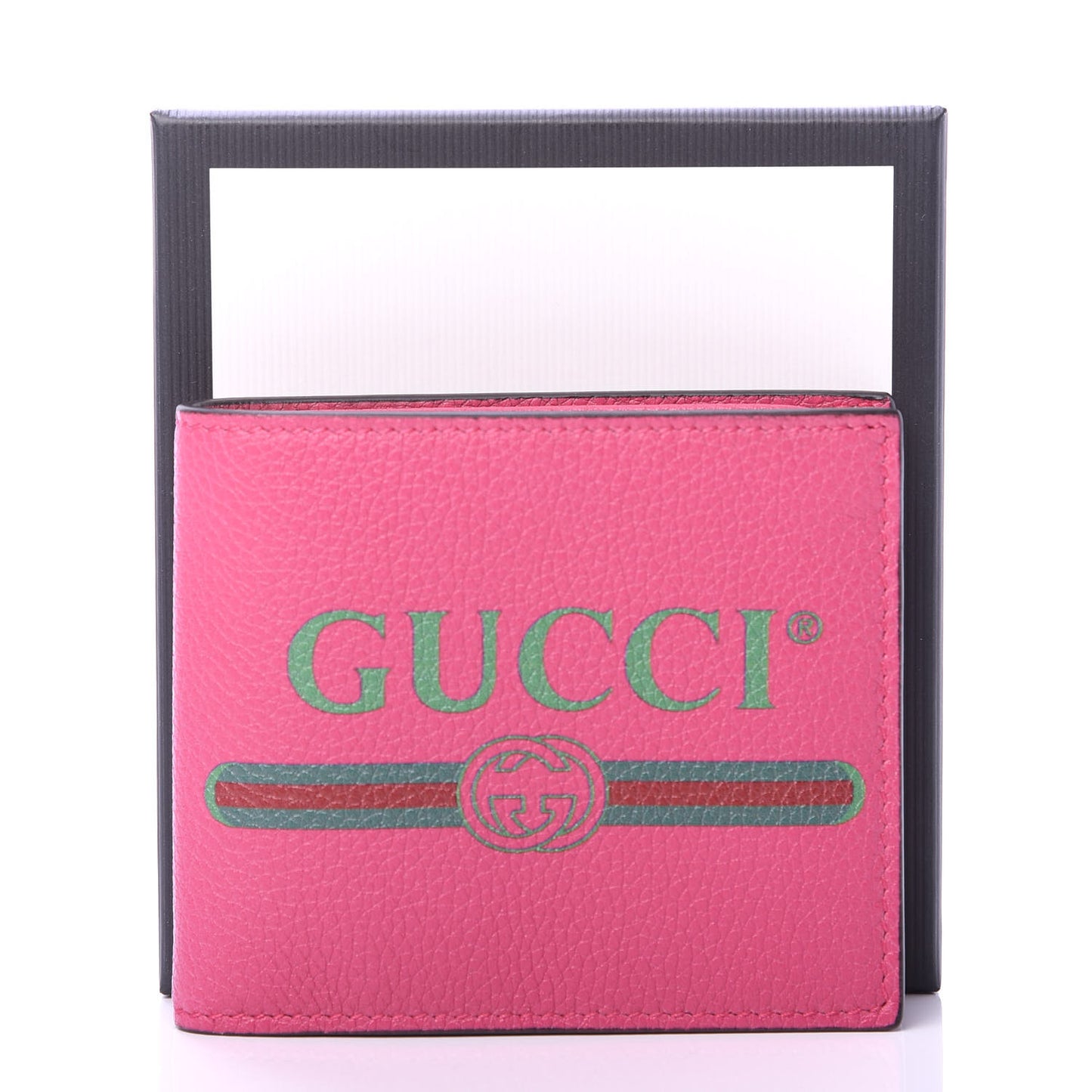 Grained Calfskin Logo Bi-Fold Wallet Box Pink Green
