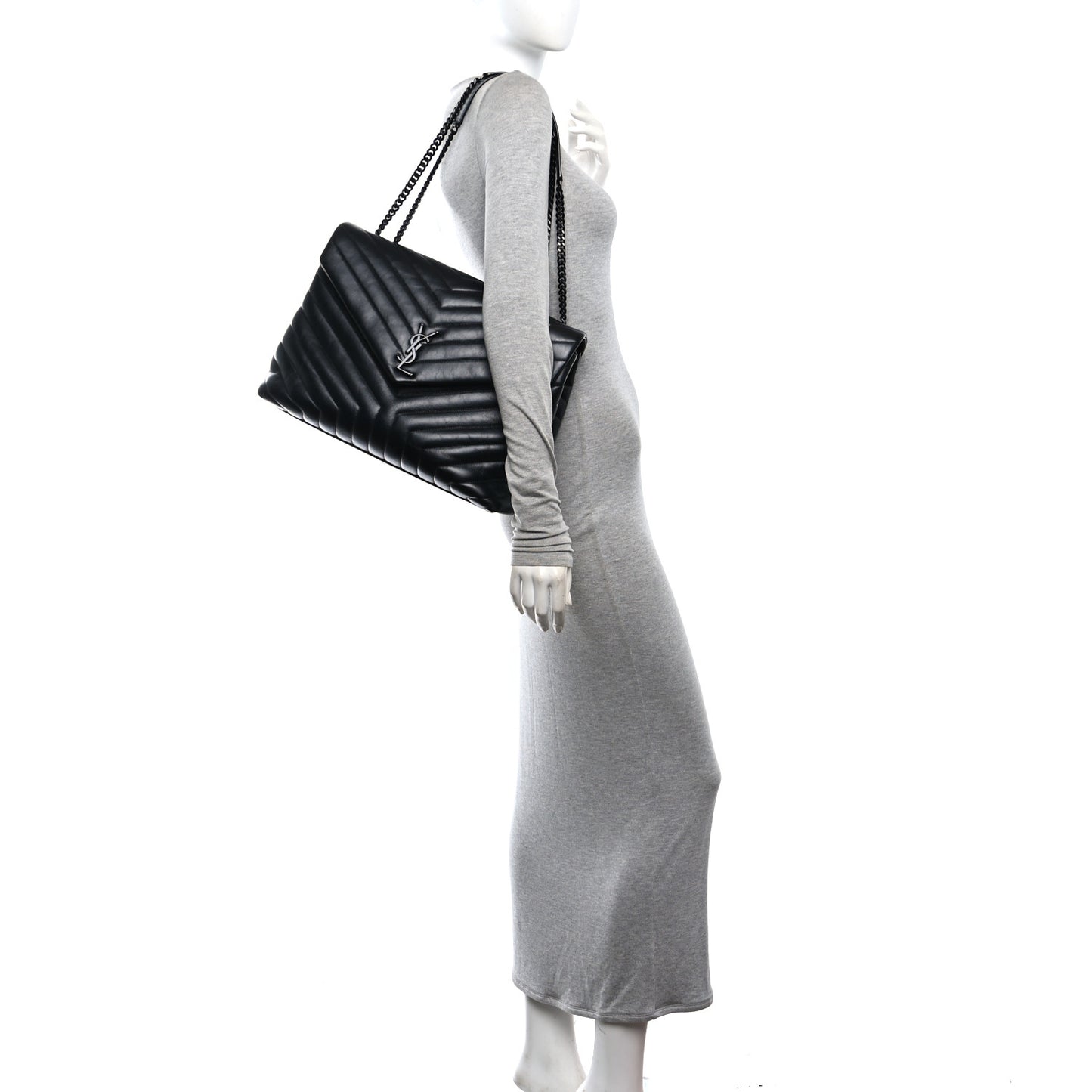 Calfskin Y Quilted Monogram Monochrome Large Loulou Chain Satchel Black