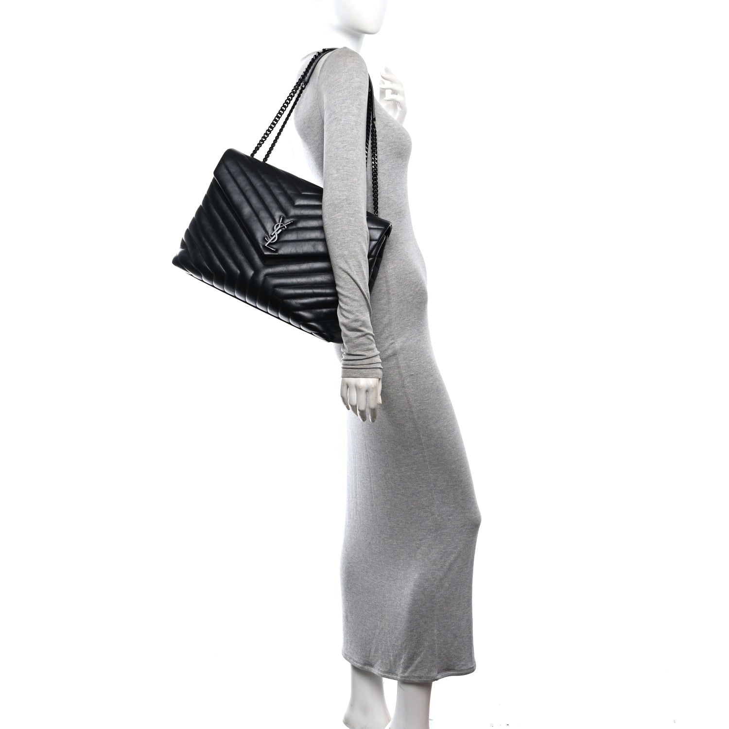 Saint Laurent Calfskin Y Quilted Monogram Monochrome Large Loulou Chain Satchel Black 2 of 11