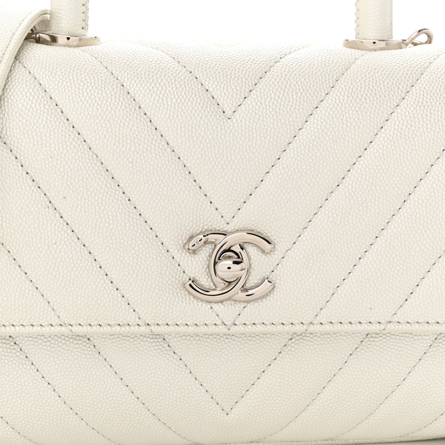 Iridescent Caviar Chevron Quilted Mini Coco Handle Flap White