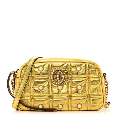 Gucci Metallic Calfskin Matelasse Studded Small Pearly GG Marmont Chain Shoulder Bag Gold 1 of 10
