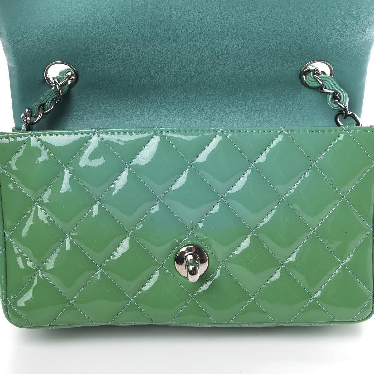 Patent Calfskin Quilted Mini Rectangular Flap Green