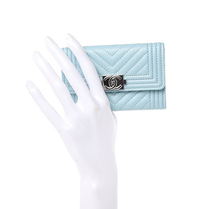 Chanel Caviar Chevron Quilted Boy Card Holder Wallet Light Blue 2 of 9