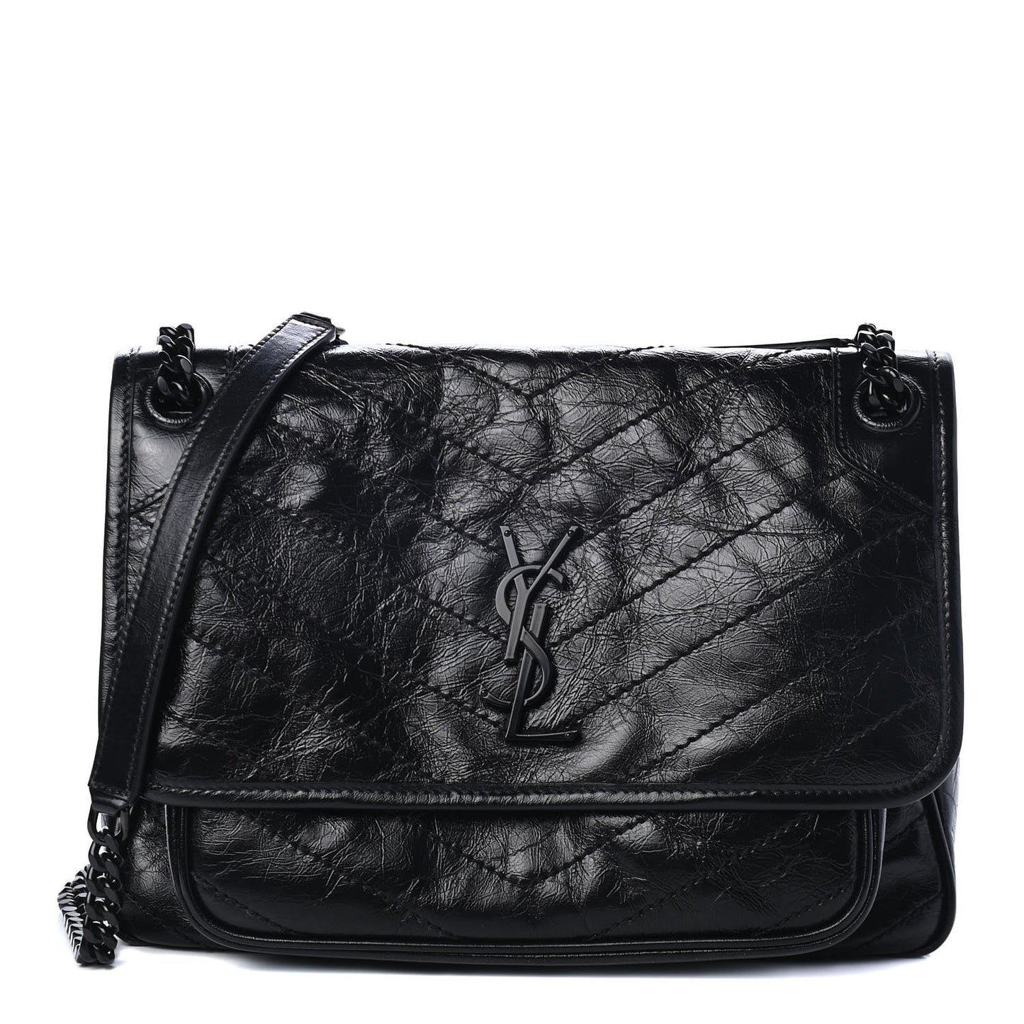 Crinkled Calfskin Matelasse Monogram Medium Niki Chain Satchel Black