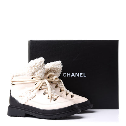 Chanel Calfskin Shearling CC Lace Up Boots 38.5 Light Beige Ivory 12 of 12