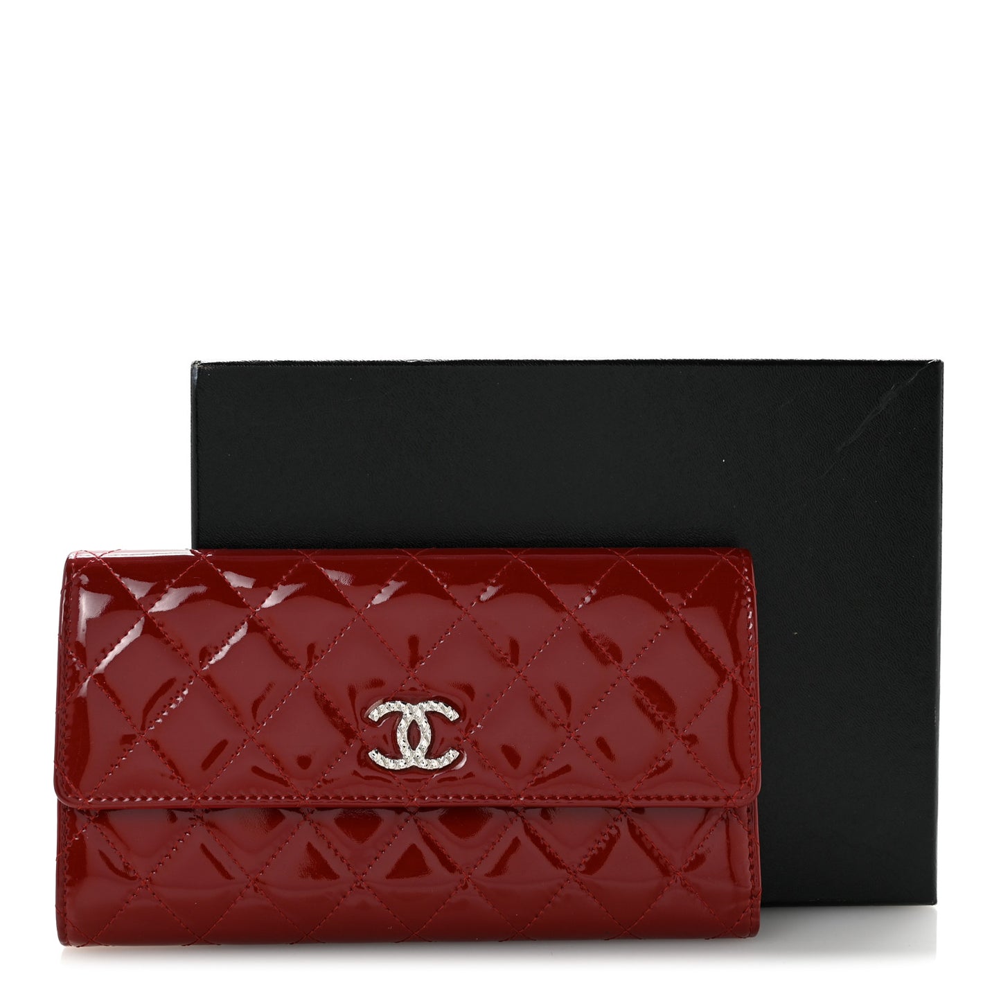 Patent Calfskin Quilted Large Brilliant Flap Wallet Dark Red