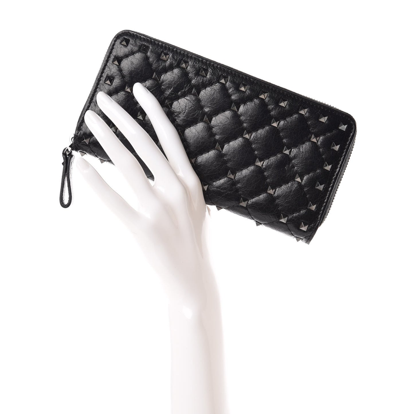 Craquele Nappa Rockstud Spike Zip Around Wallet Black