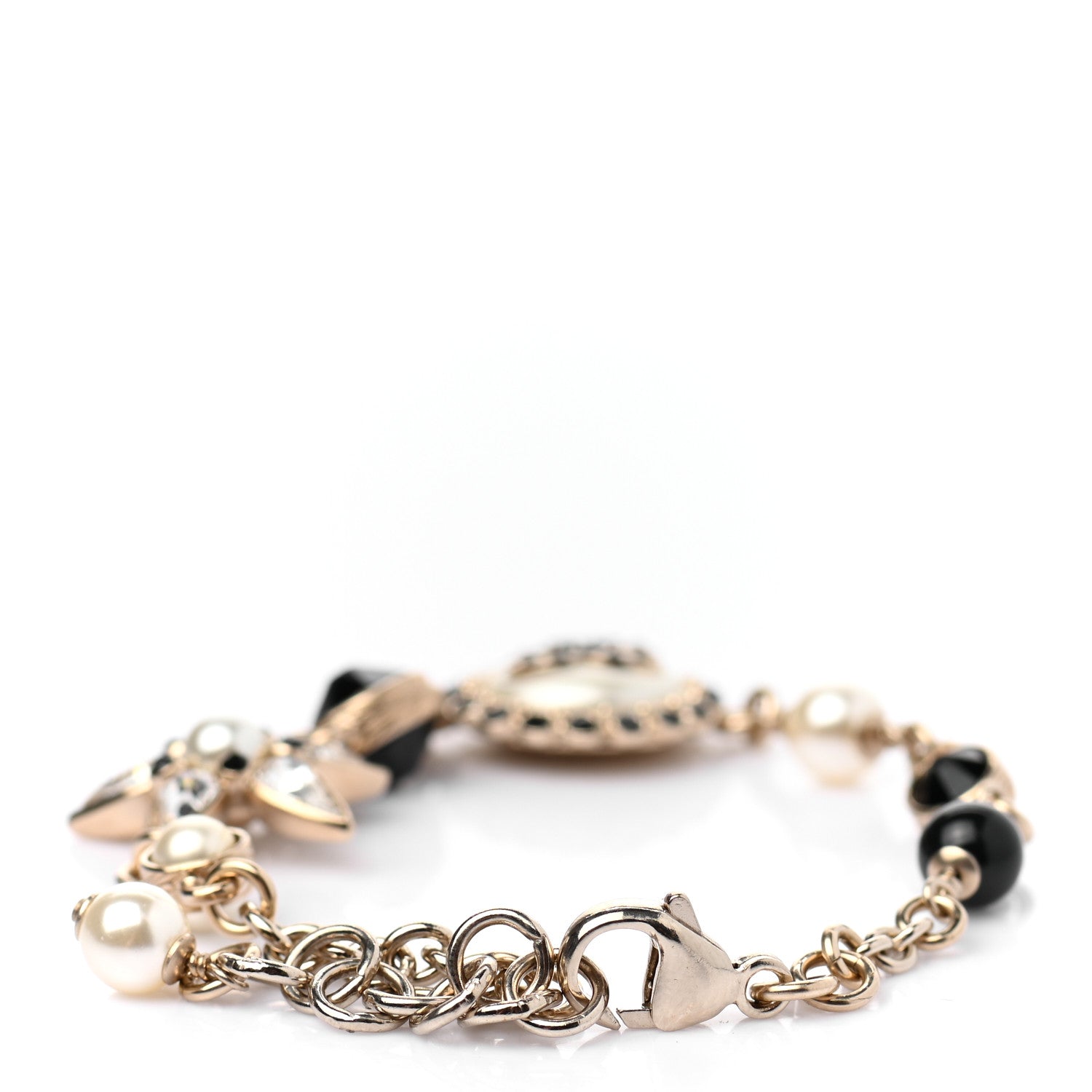 Chanel Pearl Crystal Beaded CC Bracelet Black Gold 3 of 5