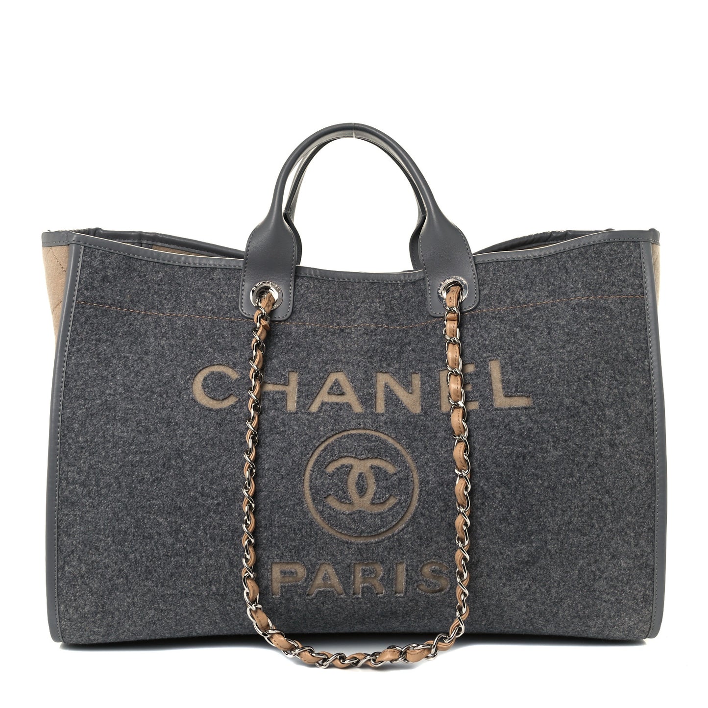 Wool Felt Calfskin Large Deauville Tote Grey Beige
