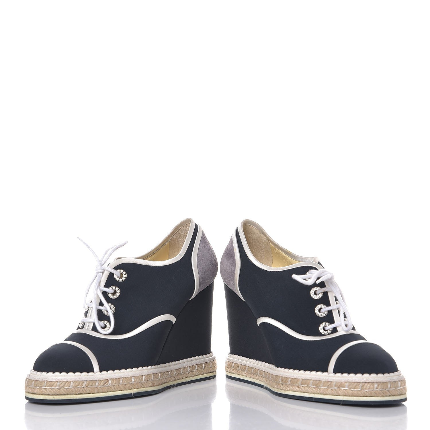 Chanel Silk Crepe Suede Calfskin Lace Up Wedge Espadrilles 36.5 Navy Grey 6 of 10
