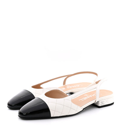 Chanel Lambskin Patent Quilted Cap Toe CC Slingback Flats 36 White Black 3 of 9