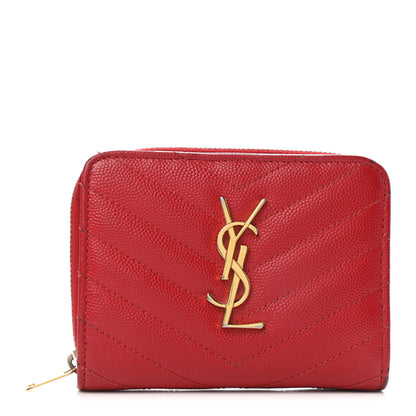 Saint Laurent Grain De Poudre Matelasse Chevron Monogram Compact Zip Around Wallet Red 1 of 14