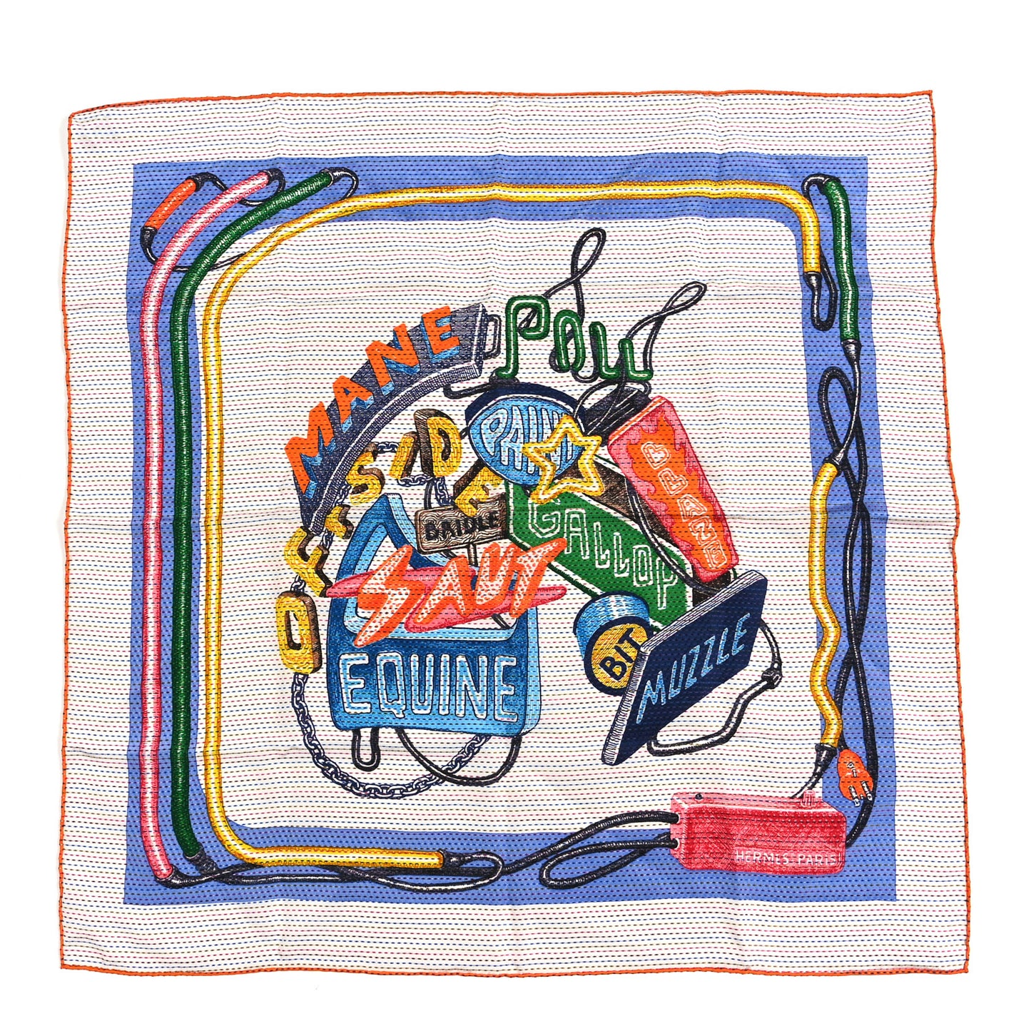 Silk Pointille Chevaloscope Neon Scarf 70 White Bleu Vert