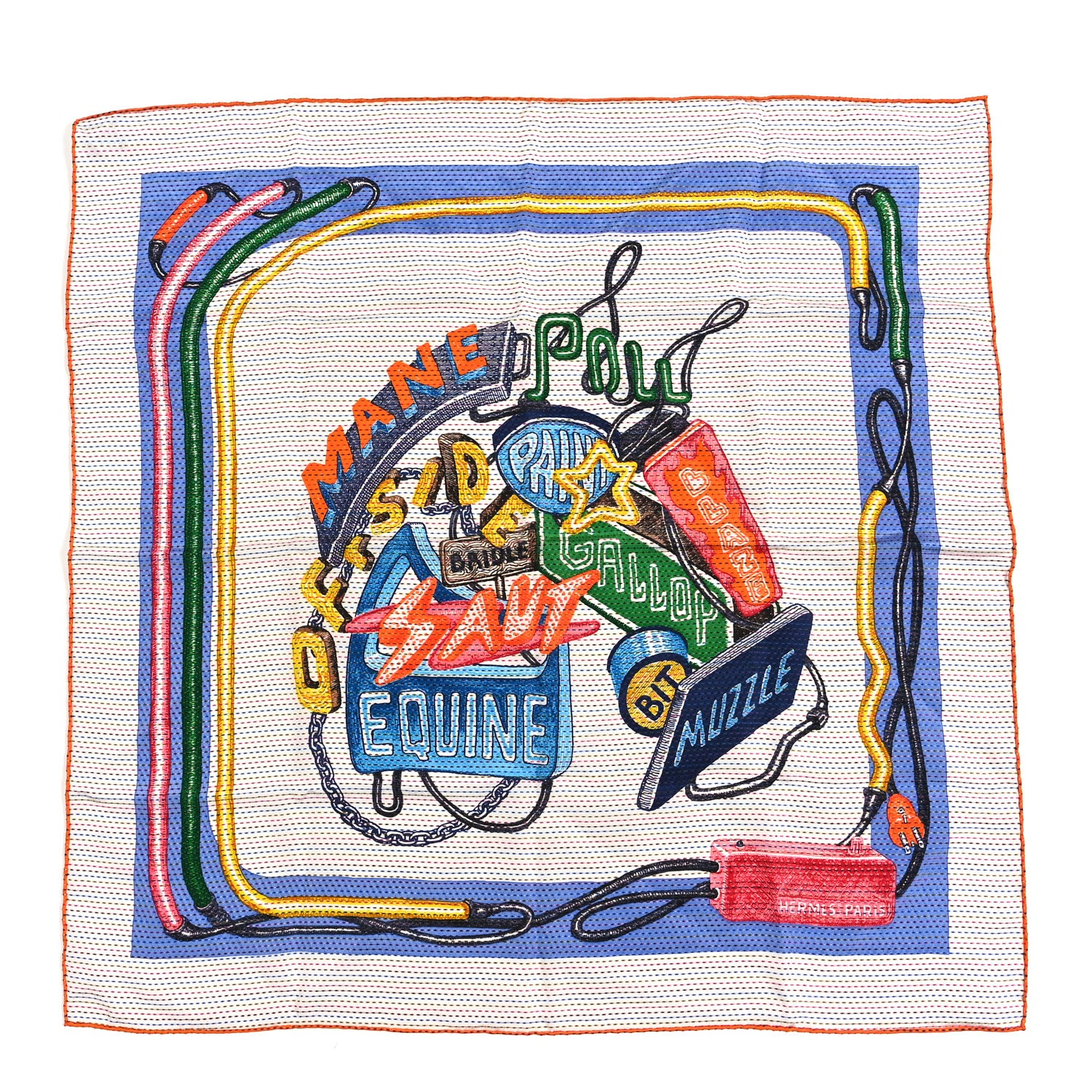 Hermes Silk Pointille Chevaloscope Neon Scarf 70 White Bleu Vert 1 of 3