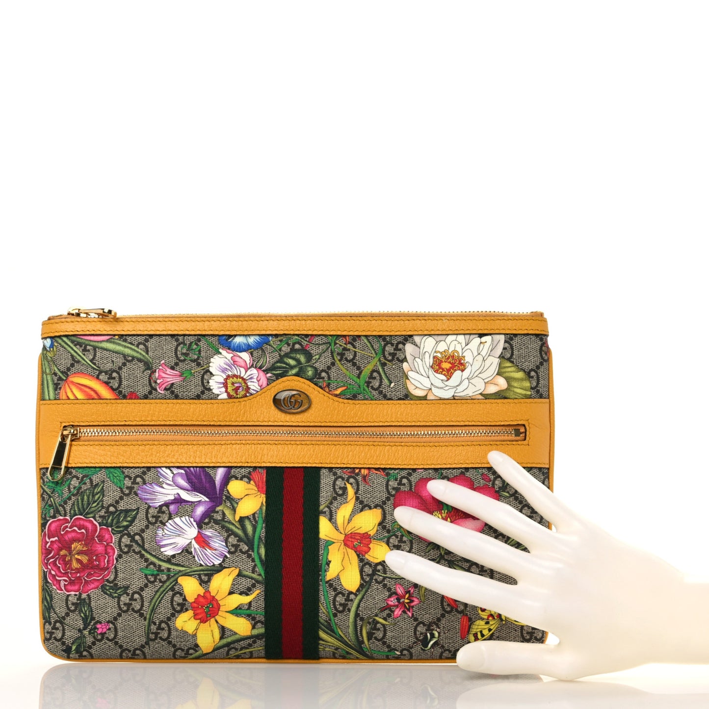 GG Supreme Monogram Flora Large Ophidia Pouch Clutch Beige Multicolor Crop