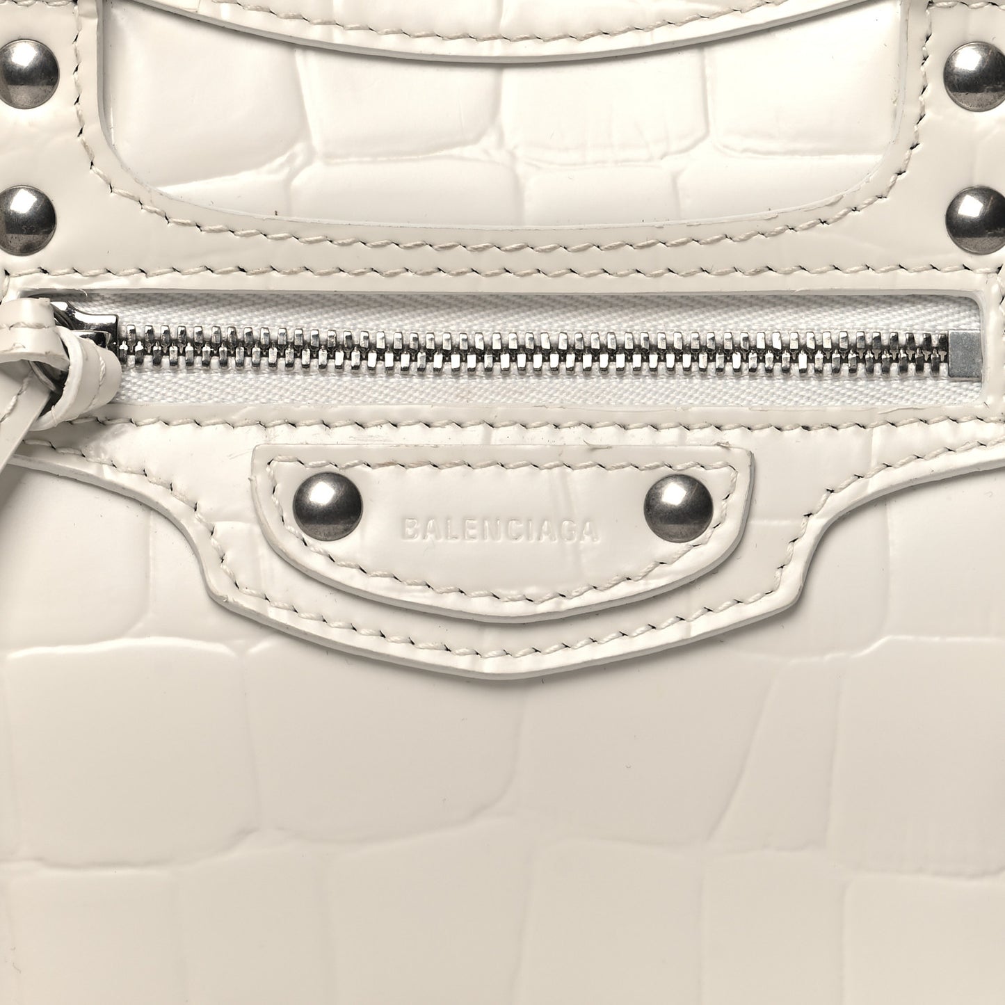 Semi Shiny Calfskin Crocodile Embossed Neo Classic Silver Hardware Mini City White