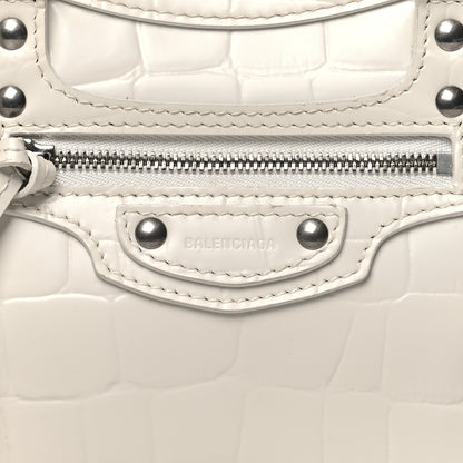 Balenciaga Semi Shiny Calfskin Crocodile Embossed Neo Classic Silver Hardware Mini City White 8 of 13