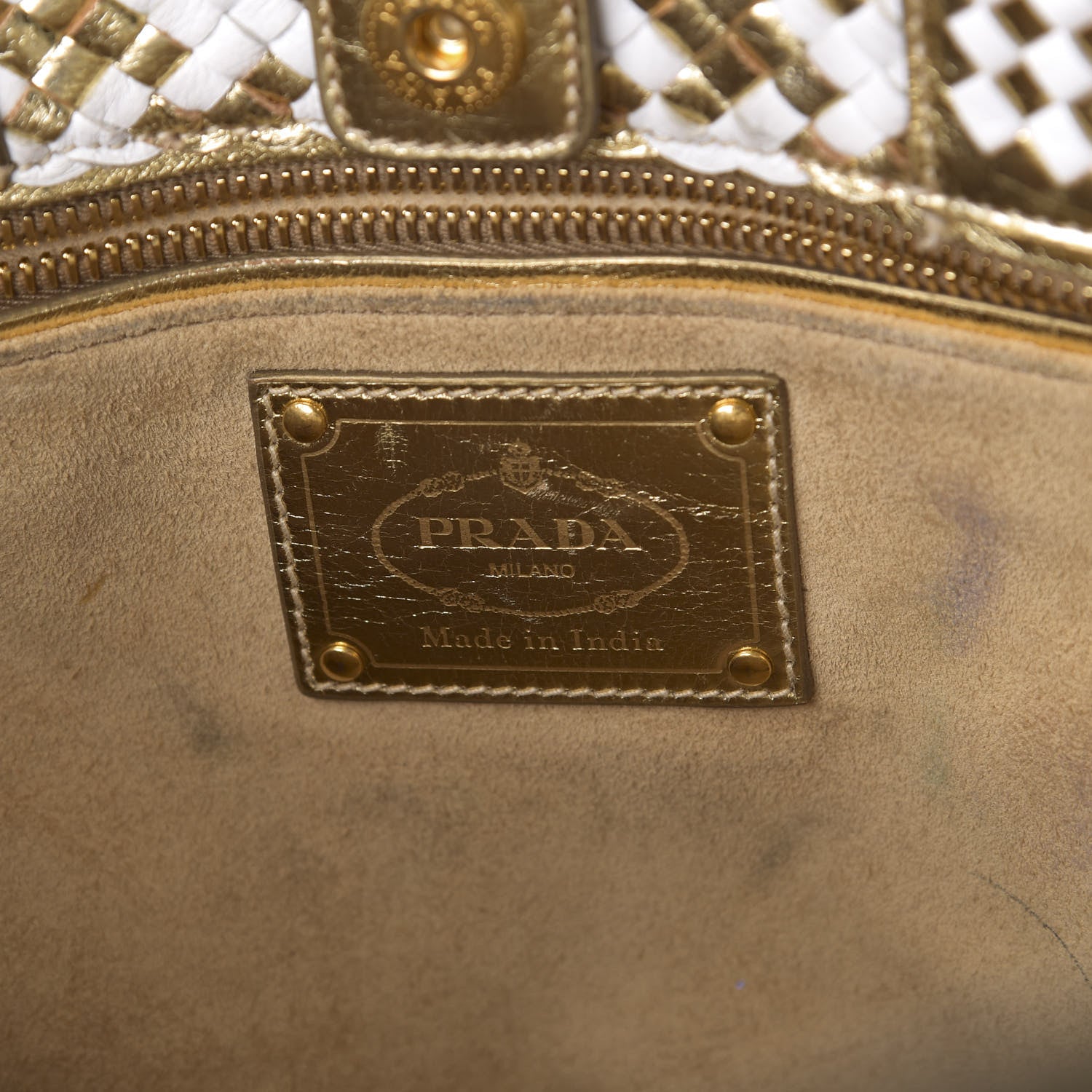 Prada Goatskin Woven Small Tote White Gold 5 of 9