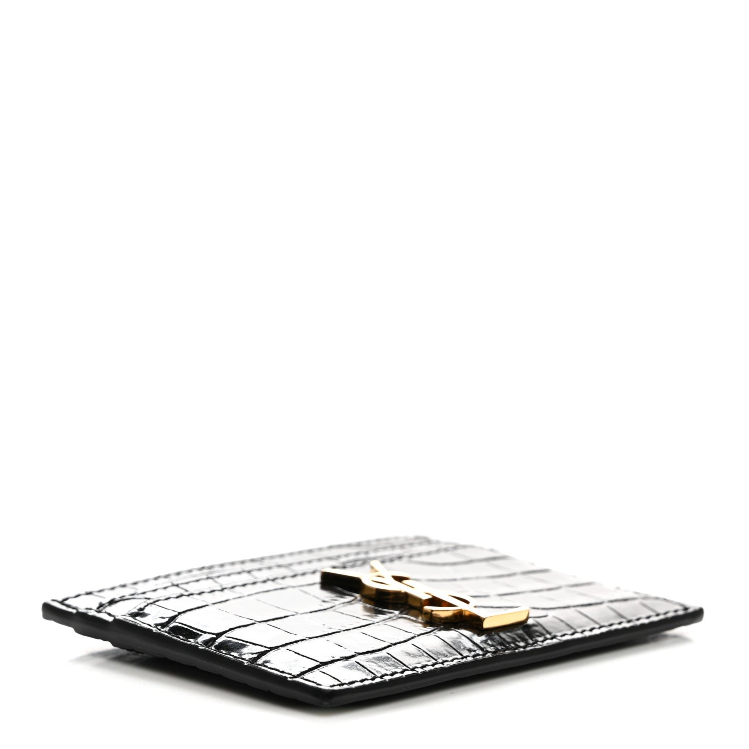 Saint Laurent Calfskin Crocodile Embossed Monogram Credit Card Case Black 4 of 7